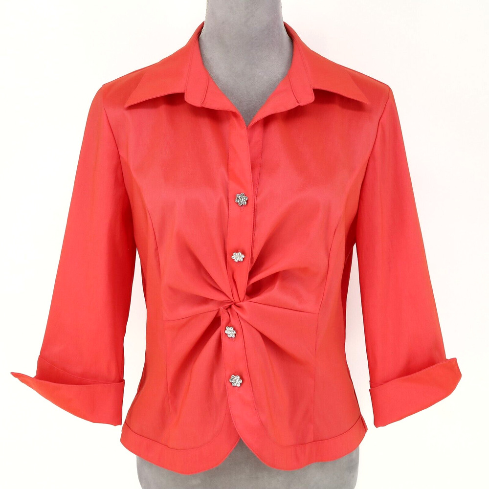 Jackie Jon Top Womens 10 Orange Ruched Front Rhinestone Buttons Back Zip Formal